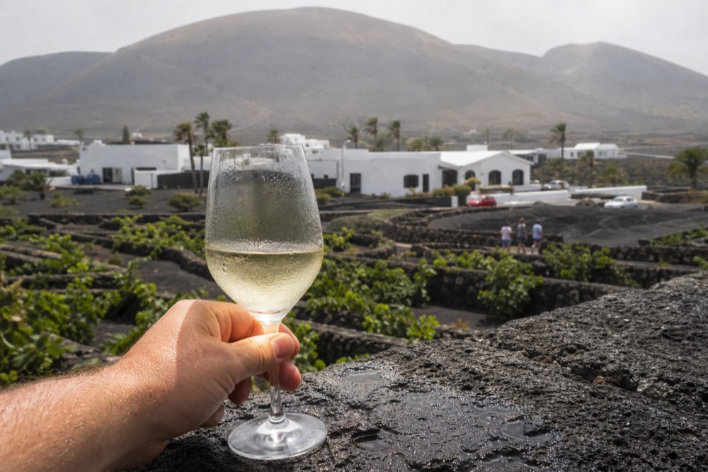 A glass of white wine held against a volcanic landscape