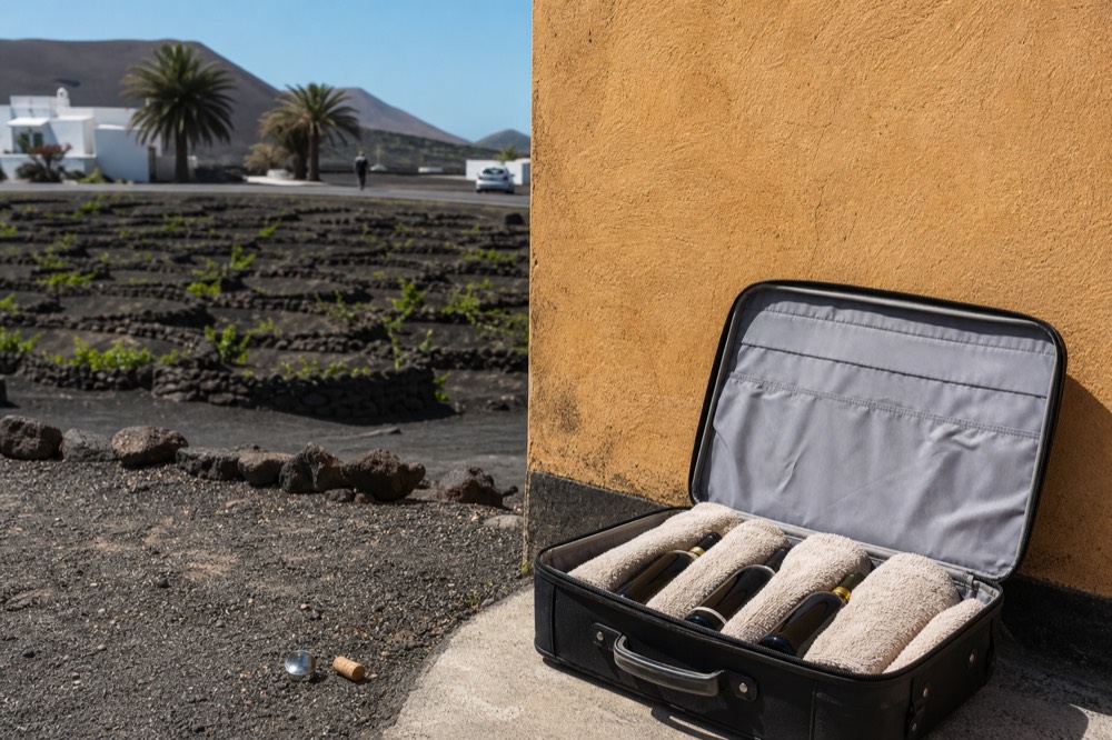 A suitcase with wine bottles packed next to a volcanic landscape