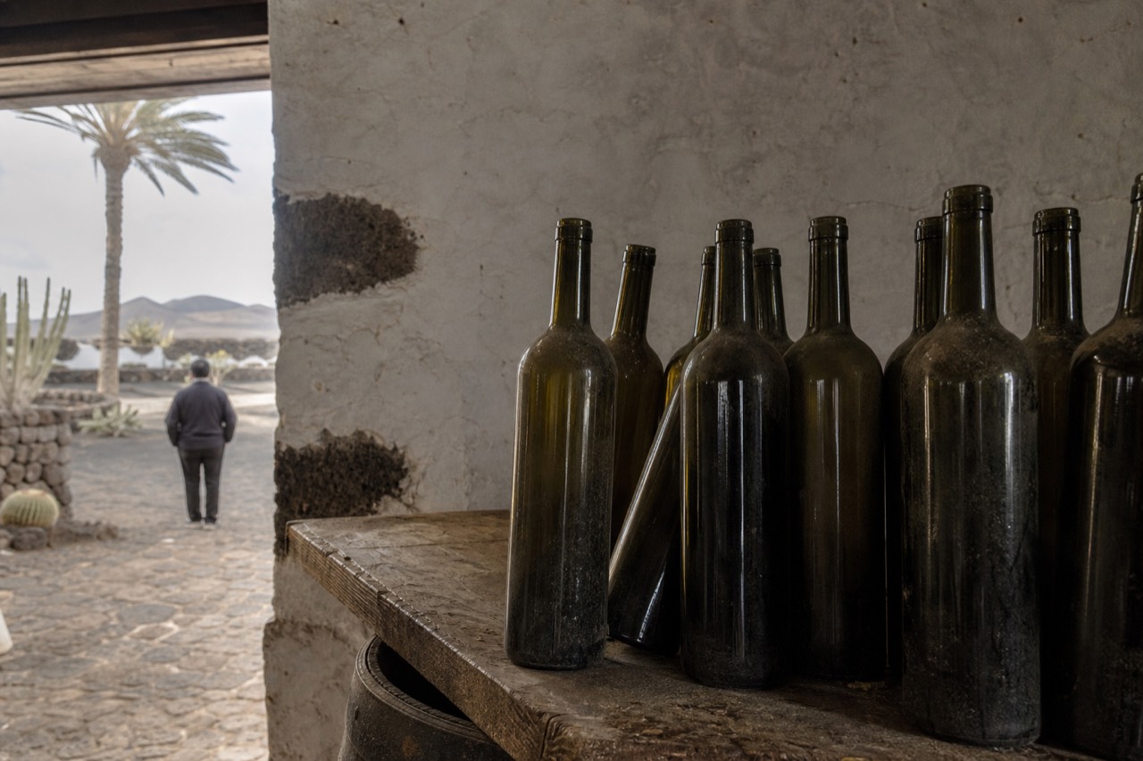 A row of wine bottles on a wooden shelf in a Lanzarote bodega tasting room