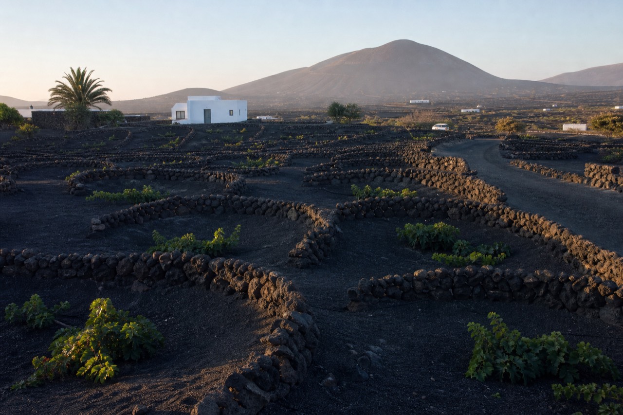 Black volcanic ash fields of La Geria with semicircular stone vine shelters under a clear sky