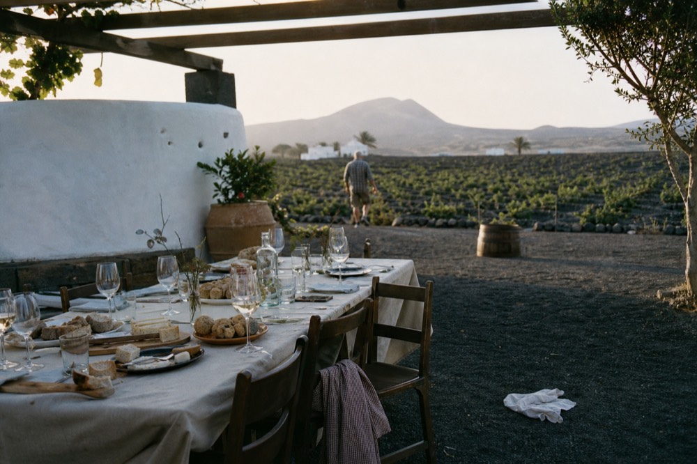 A long table set with cheese boards, bread, wrinkled potatoes and glasses of white wine on a winery terrace