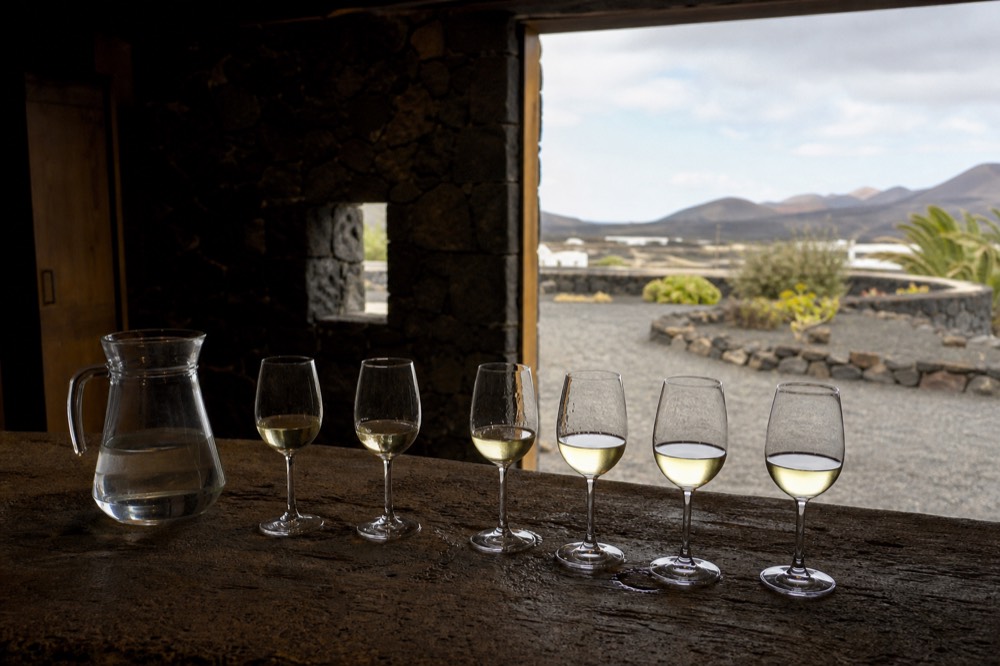 A row of white wine glasses on a tasting counter in a volcanic-stone winery building