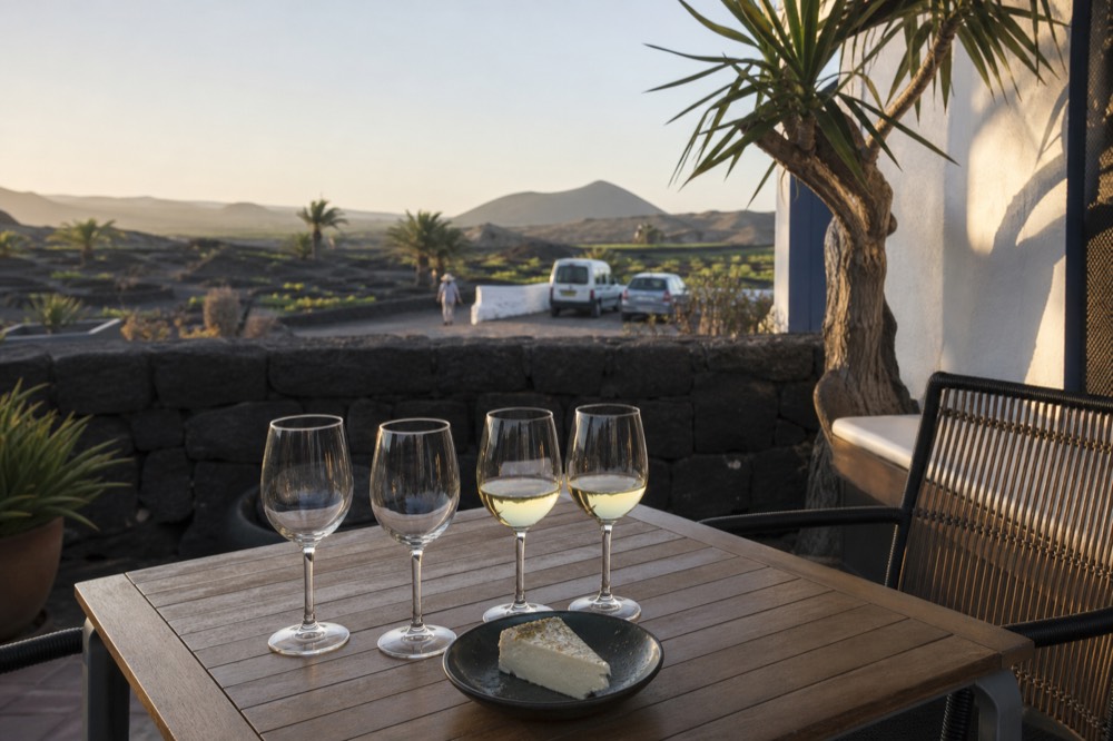 A tasting flight of white wines and a plate of cheese on a winery terrace